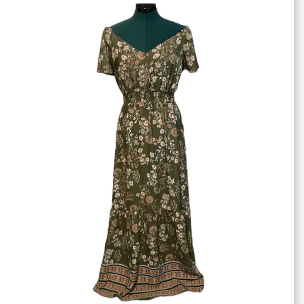 LUXOLOGY FARMHOUSE FLORAL PRINT MAXI GARDEN DRESS OFF SHOULDER V NECK